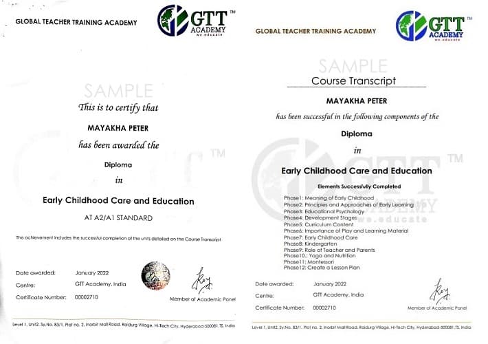 GTT Academy certificate and transcript